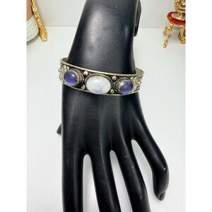 Vintage Silver Tone Mixed Metal Amethyst Moon Stone Cuff Bracelet Boho